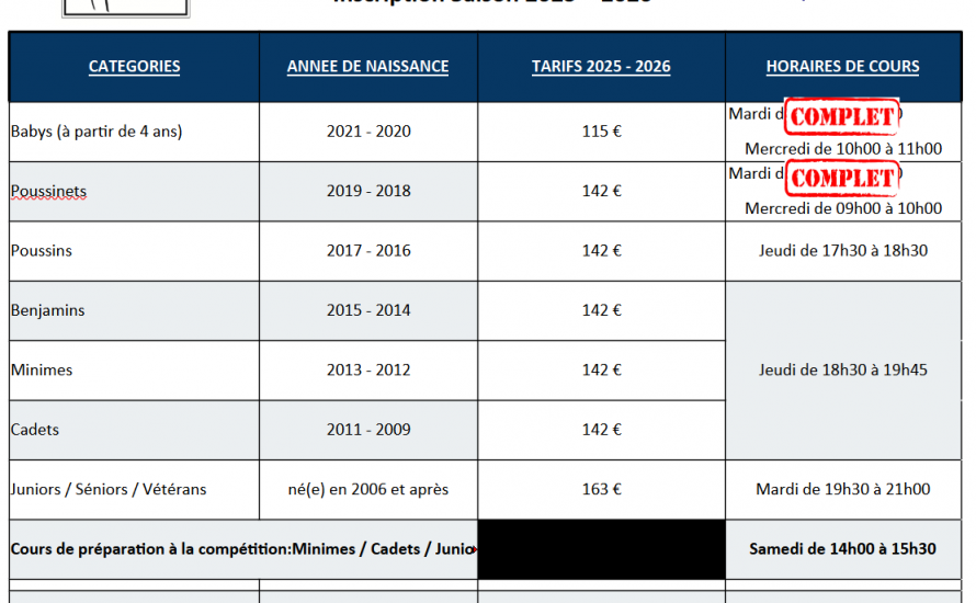 Inscriptions saisons 2025 - 2026